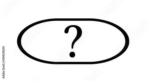 A black question mark inside an oval shape represents uncertainty and inquiry, isolated on white background