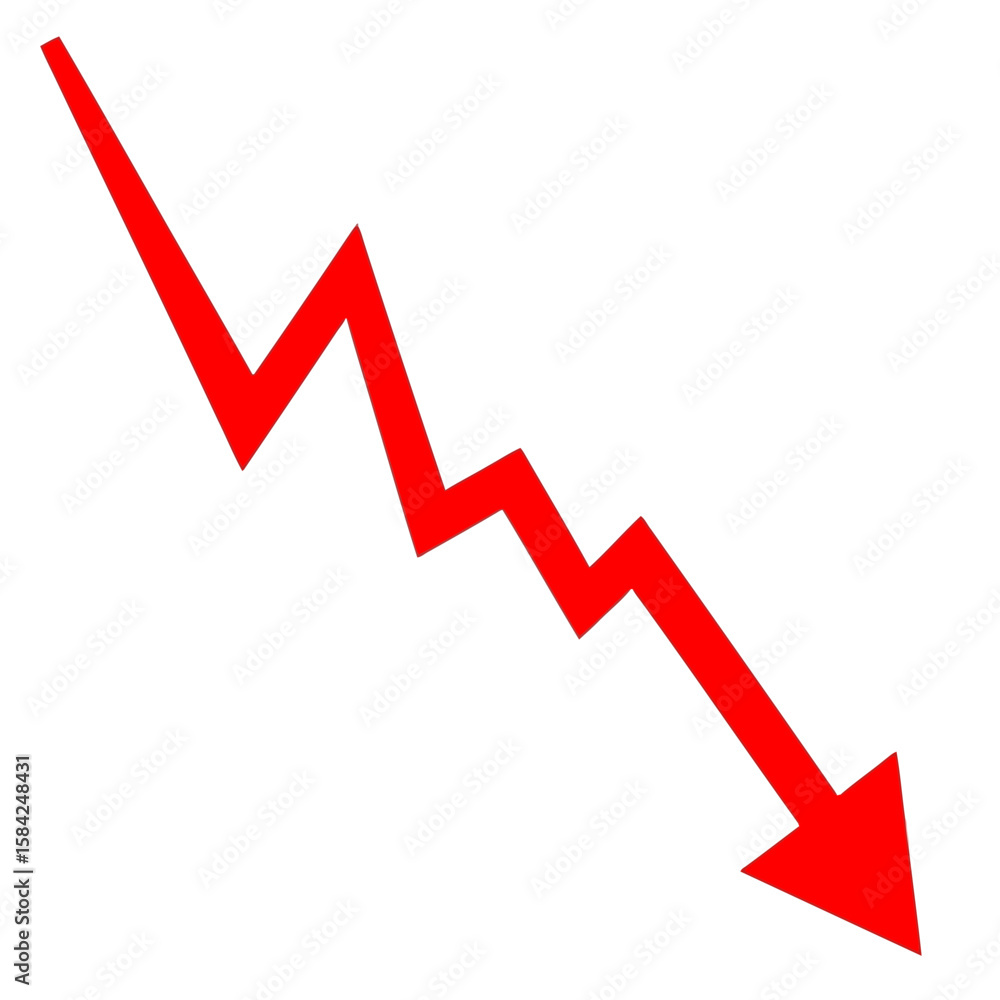 A red arrow with a zigzag pattern points downwards, isolated on white background, symbolizing decline and loss in business A red arrow with a zigzag pattern points downwards, isolated on white background, symbolizing decline and loss in business