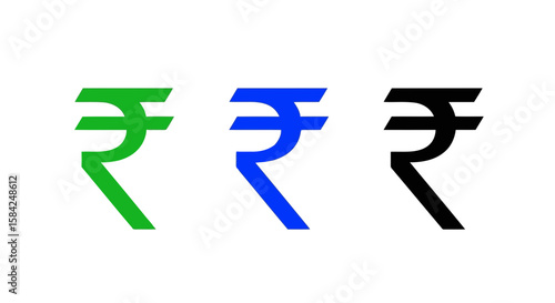 Three indian rupee symbols in green, blue, and black are isolated on white background