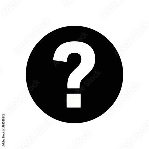 A white question mark inside a black circle, isolated on white background, symbolizing inquiry and uncertainty