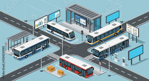 An isometric view of a modern city bus station with multiple buses, billboards, and pedestrian crosswalks
