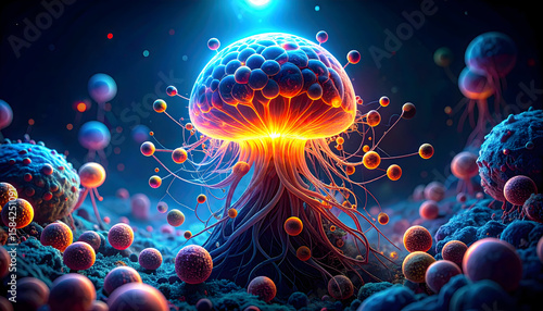 Glowing Bioluminescent Mushroom in Dark Fantasy Landscape