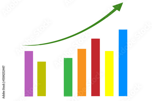 A colorful bar graph shows increasing trends with a green arrow pointing upwards, indicating business growth and financial success isolated on white background