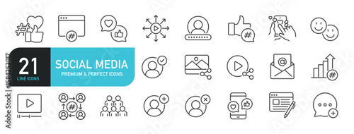 Set of line icons related to social media. Outline icons collection. Editable stroke. Vector illustration