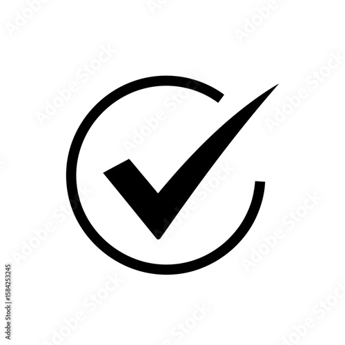 A bold black check mark is enclosed within a circular outline, isolated on white background