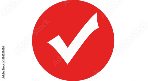 A white check mark inside a red circle signifies validation and approval, isolated on white background