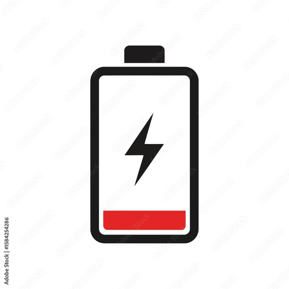 A low battery icon with a red indicator and lightning bolt isolated on white background A low battery icon with a red indicator and lightning bolt isolated on white background