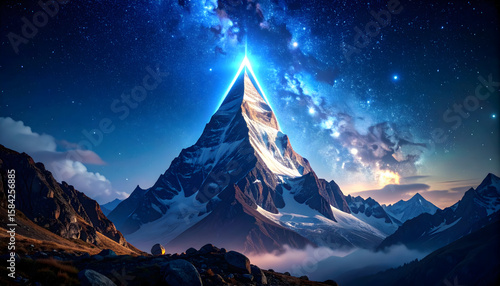 Majestic Snowcapped Mountain Peak Under a Starry Night Sky