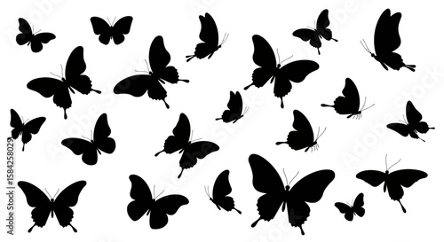 Elegant silhouette of butterflies gracefully fluttering against a clean white background