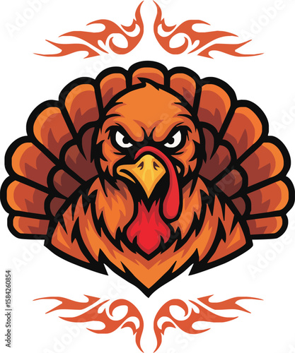 Cartoon illustration of an angry-looking turkey with decorative flame accents.