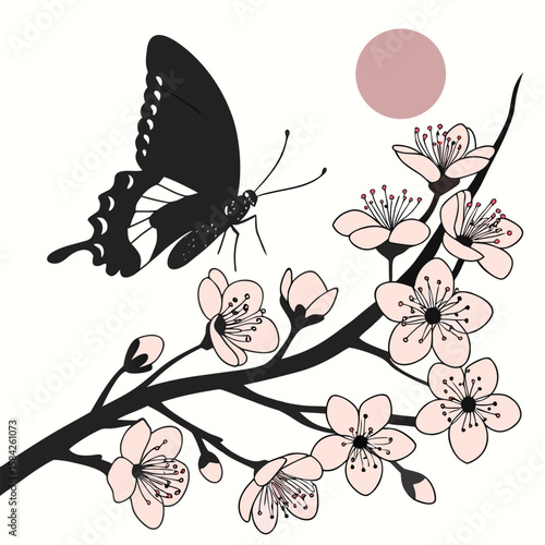 Silhouette of Butterfly Landing on Plum Blossom.