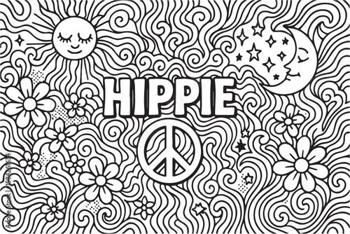 The intricate vector background embodying psychedelic art, filled with a free spirited hippie motif, presented beautifully in black and white with a black outline, enhanced the gallery display.