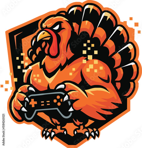A stylized, muscular turkey mascot holding a video game controller, set within a shield-like graphic.