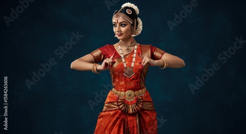 Elegant bharatanatyam dancer adorned in traditional attire against deep blue background
