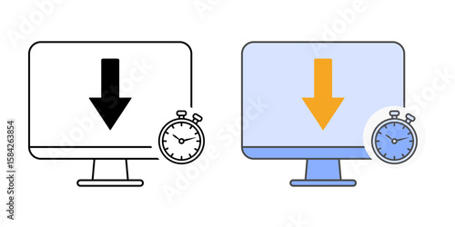Auto-scroll activation icon with a screen, downward arrow, and timer symbol, ideal for motor accessibility, hands-free scrolling, and assistive navigation features.
