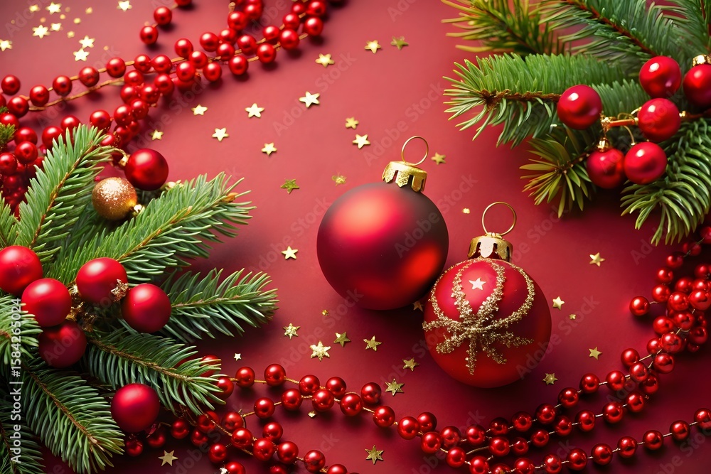 Naklejka premium Festive red christmas ornaments and pine branches adorned with glittering red beads and gold stars