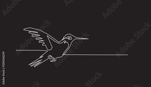 Continuous one line drawing of flying hummingbird. One line drawing illustration of colibri. Flying animal concept Single line, Hummingbird one line art design. With white Outline on black background.