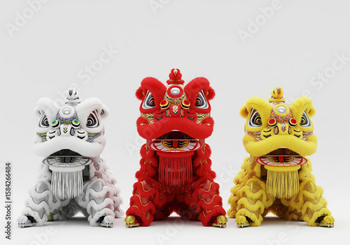 Colorful Lion Dance Masks: A striking composition of three vibrantly colored lion dance masks, symbolizing cultural heritage and auspicious celebrations, beautifully presented in a studio setting.