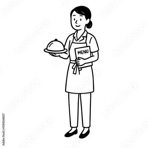レストランスタッフ　ウェイトレス　線画　手書き