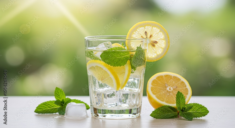 Fototapeta premium Refreshing Lemon Water with Mint and Ice Cubes on Bright Background