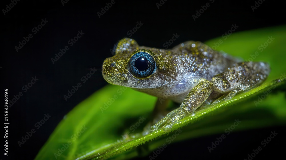 Obraz premium Close-up of a tiny frog on a vibrant green leaf.