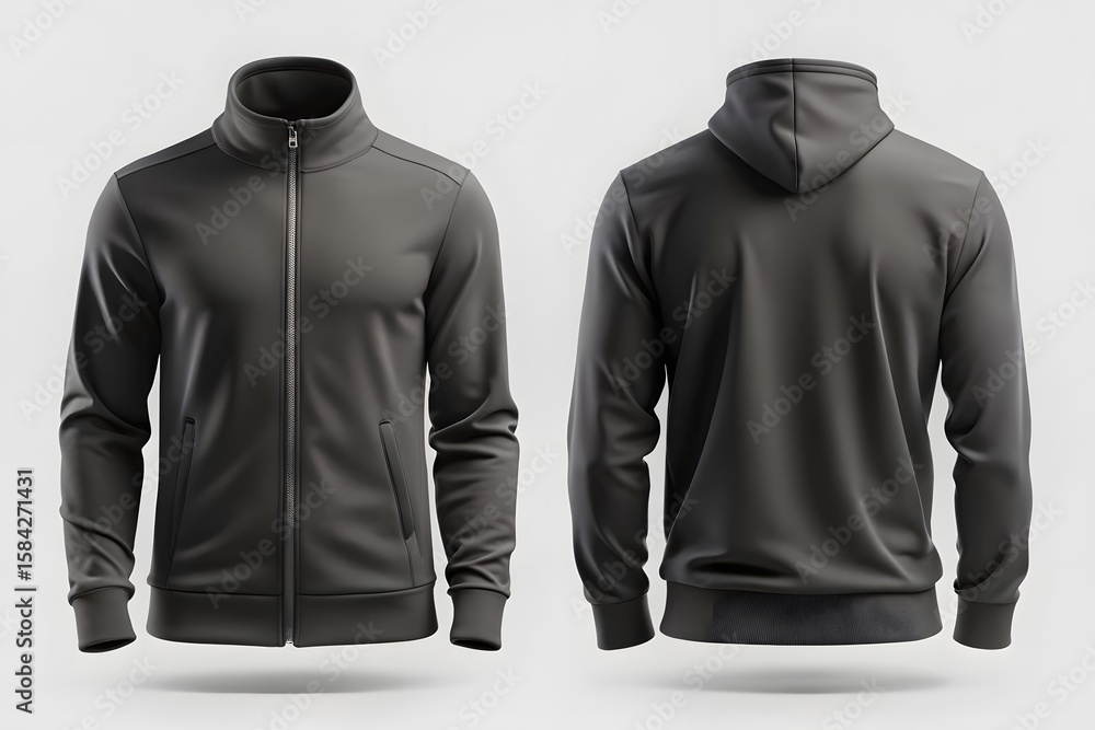 Modern dark gray full zip track jacket and hoodie mockup displayed on a white background Modern dark gray full zip track jacket and hoodie mockup displayed on a white background