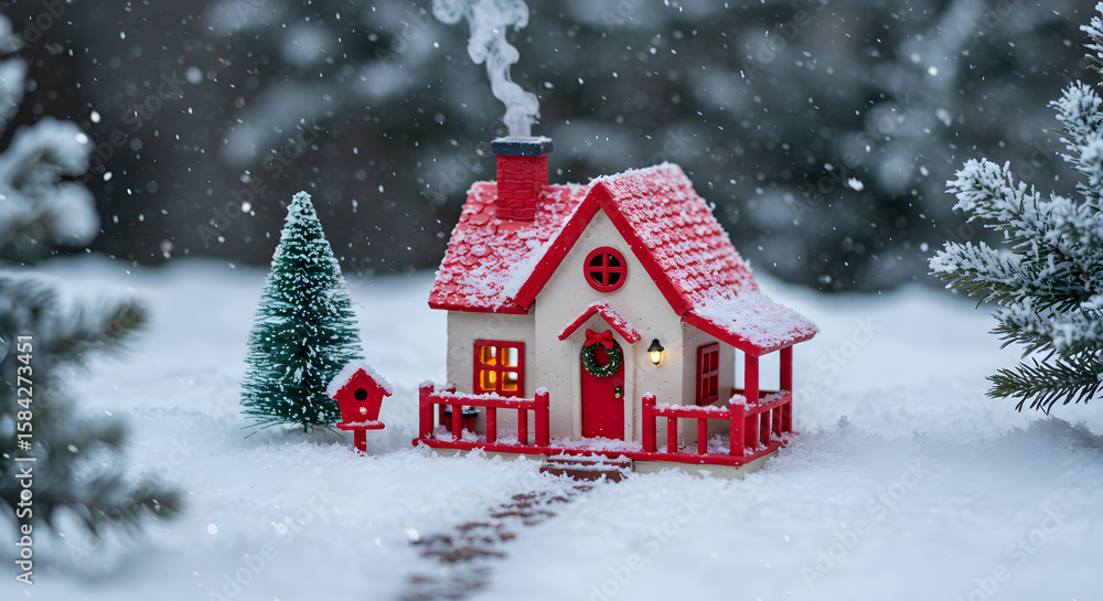 Fototapeta premium Snowy Miniature Christmas House with Fir Trees