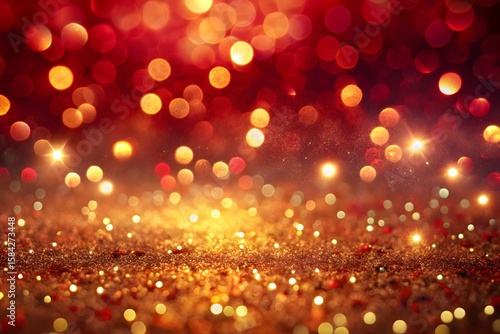 Sparkling red and gold bokeh lights background with glittering foreground
