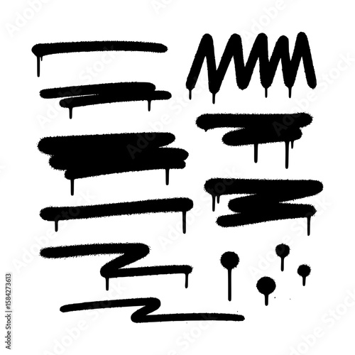 Isolated Black Graffiti Spray Paint Elements with Drips