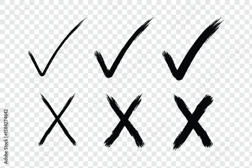 Check tick mark icon set. check mark, tick mark, and cross brush sign red checkmark and red X icons, buttons for vote, election choice decision, web in  brush marker style. eps 10