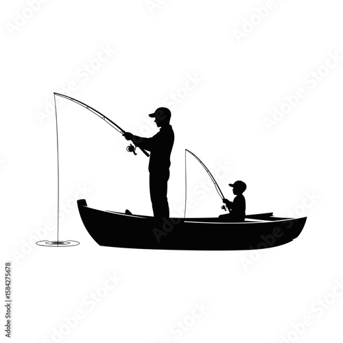Father and Son Fishing in a Boat Silhouette: Serene Outdoor Activity Depicting Family Bonding and Recreation on the Water