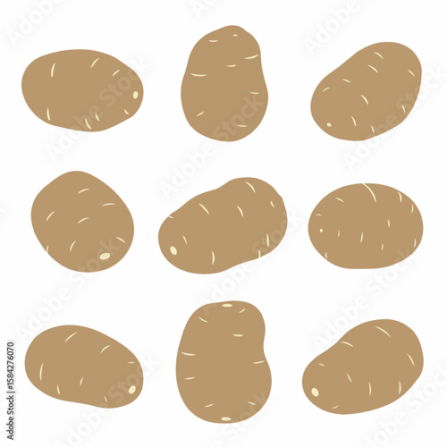 Group of various whole potatoes in a simple, flat design illustration on a clean white background, showcasing a common staple vegetable.