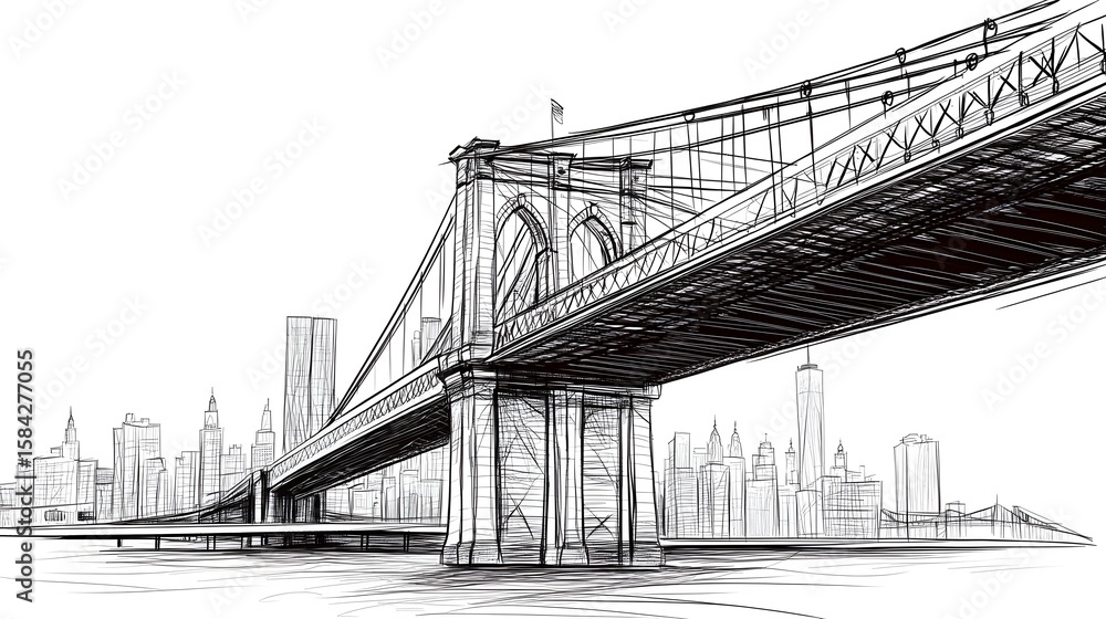 Fototapeta premium Hand-drawn sketch of a suspension bridge over a cityscape.
