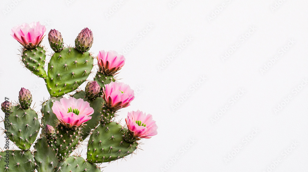 Naklejka premium Blooming cactus on white background showcasing desert flora and spring awakening theme. 