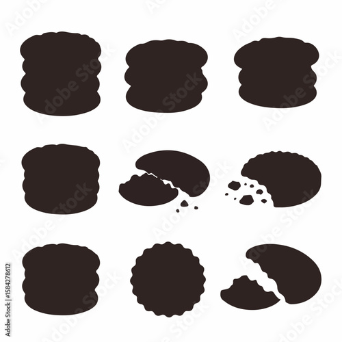 Various cookie and biscuit silhouettes: whole, stacked, and broken pieces, depicted as minimalist vector icons for food, snack, or bakery design concepts.