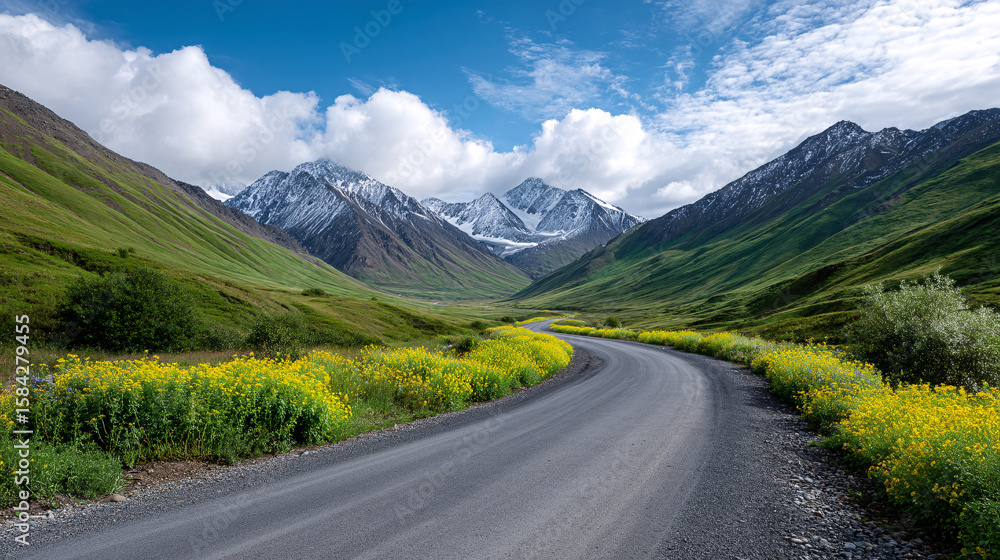 Fototapeta premium Scenic Road Trip Driving Through Alaska's Green Valley with Snow-Capped Mountain Views