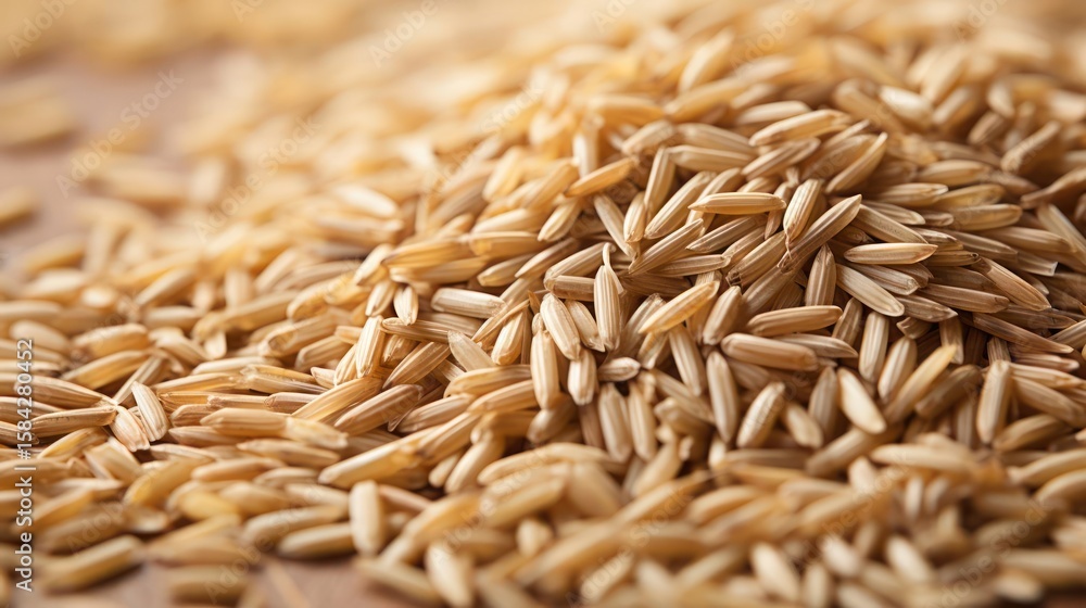 Fototapeta premium Pile of brown rice grains, close-up view.