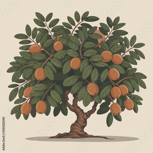 Cartoon Chiku Tree Illustration with Brown Fruits and Green Leaves