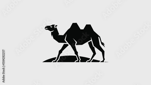 Graceful silhouette of a Bactrian camel walking, a striking logo design featuring a two humped desert animal in elegant black against a neutral background.