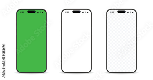 3d mockup of the new mobile phones. Smartphone mockup set with white empty transparent, white, green touch screen