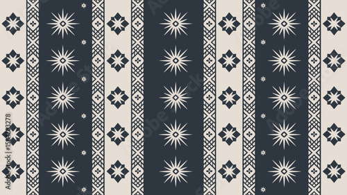 Sophisticated ethnic seamless pattern featuring stylized floral and star motifs in a contemporary color palette for textiles or backgrounds.