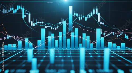 Futuristic stock market interface with glowing candlestick and bar charts for financial analysis