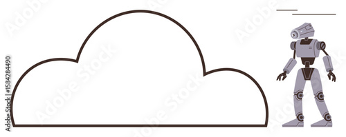 Cloud design next to standing robot with simplistic details and minimalistic lines. Ideal for technology, artificial intelligence, cloud computing, automation, robotics, connectivity, innovation