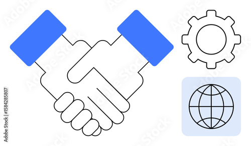 Handshake symbolizing partnership, gear for process integration, and global icon for worldwide scope. Ideal for teamwork, business deal, networking, global trade, collaboration, system integration