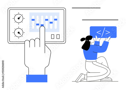 Hand operating control panel and person holding code block, emphasizing customization and programming. Ideal for development, engineering, coding, user experience, solutions, design, simple landing