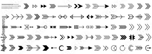 Collection of diverse arrow designs arranged in five rows showcasing varied styles and patterns
