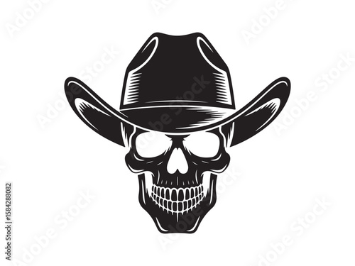 Skull wear cowboy hat engraving black and white outline. Scratch board imitation. Cowboy hat skull silhouette vector illustration 