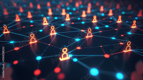 Social network concept with glowing people icons connected in a futuristic digital grid