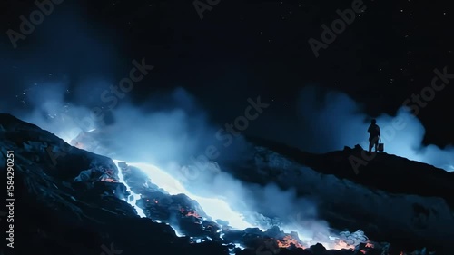 A cinematic shot of the electric blue fire phenomenon at Ijen Crater, with a sulfur miner silhouette at night - AI Generated