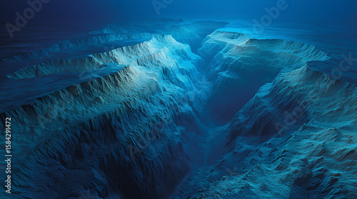 Deep underwater canyon with cascading layers of blue density currents forming liquid avalanches visible through sonar-like ripples, revealing hydrodynamic forces and stratified oceanography